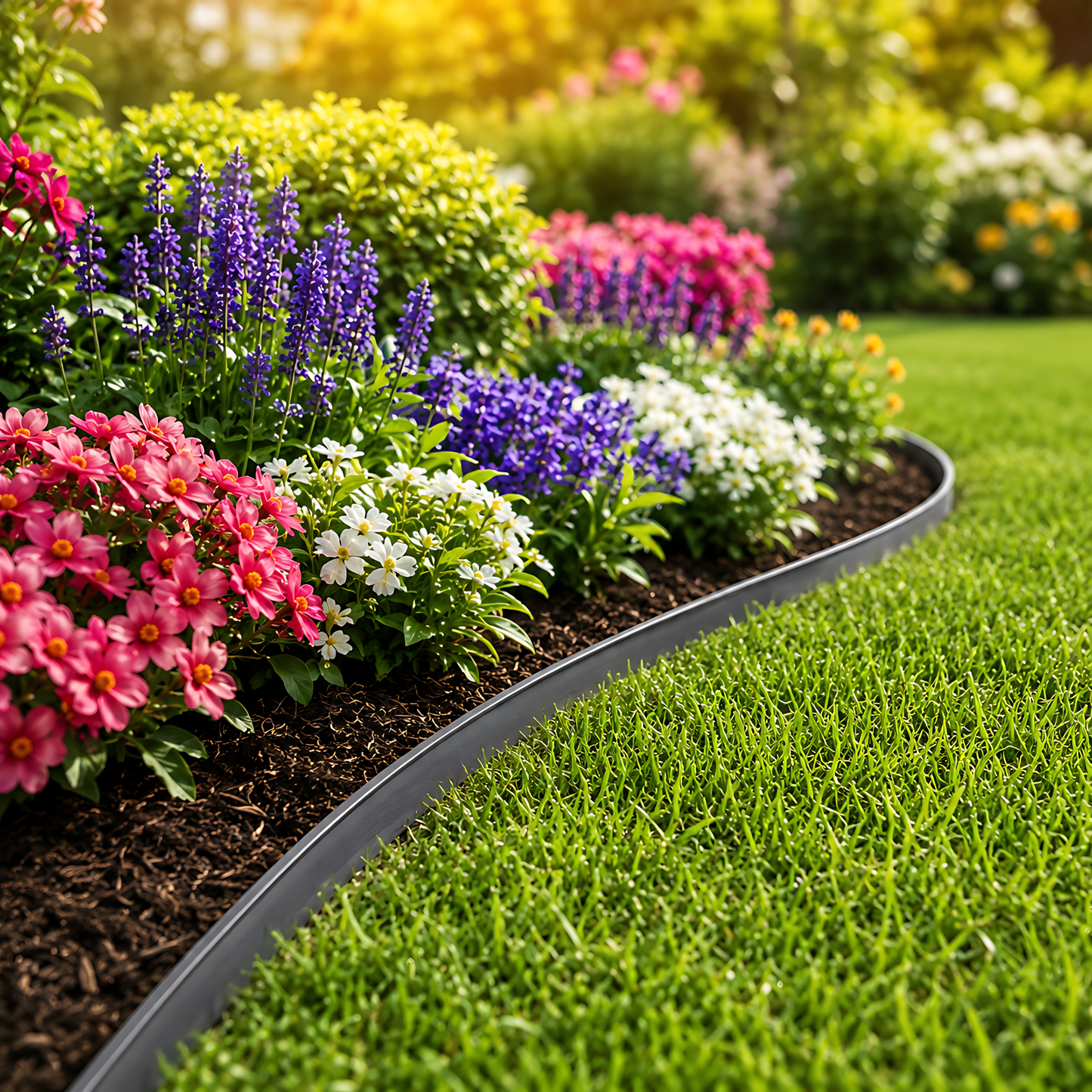 Grey Lawn Edging Border 10m 33ft x 38mm - Flexible Plastic Garden Edge Strip with 20 Securing Pegs, Easy Cut-to-Shape Landscape Trim for Flower Beds, Grass, Paths, Gravel, Bark and Mowing Strips