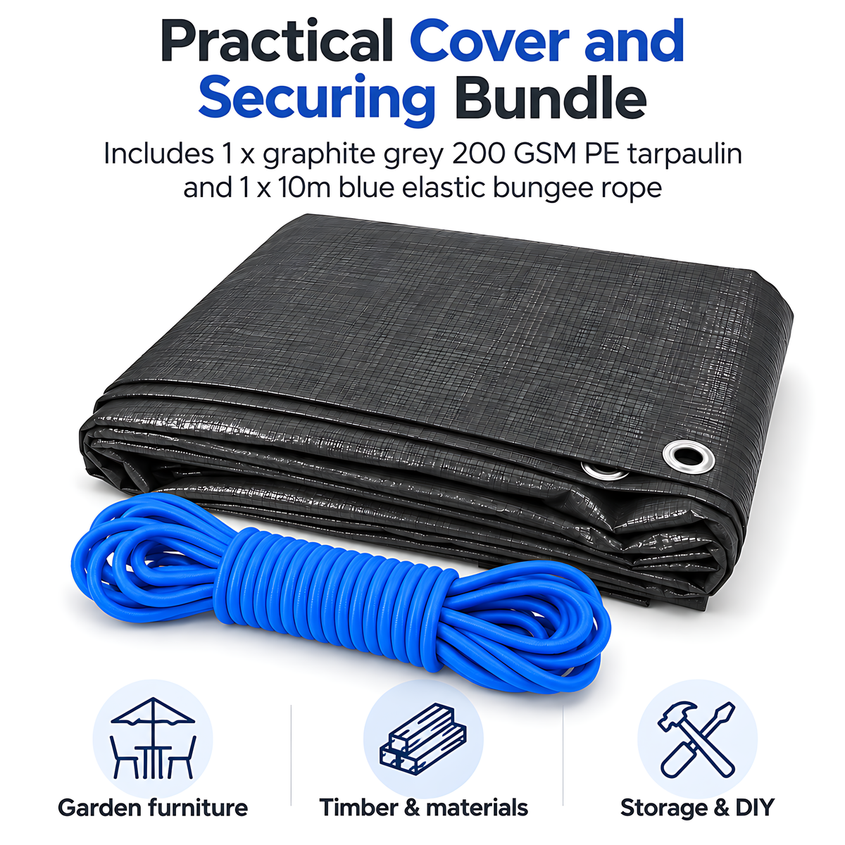 Graphite Grey Tarpaulin 6m x 6m 200 GSM Waterproof with 10m Blue Bungee Rope, UV Resistant, Aluminium Eyelets, Reinforced Hems