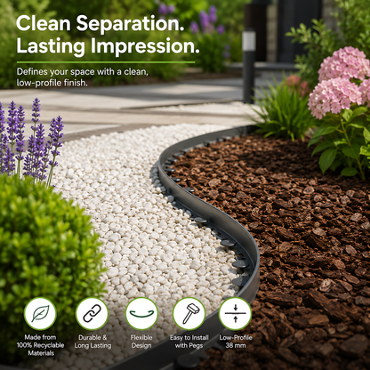 Grey Lawn Edging Border 10m 33ft x 38mm - Flexible Plastic Garden Edge Strip with 20 Securing Pegs, Easy Cut-to-Shape Landscape Trim for Flower Beds, Grass, Paths, Gravel, Bark and Mowing Strips