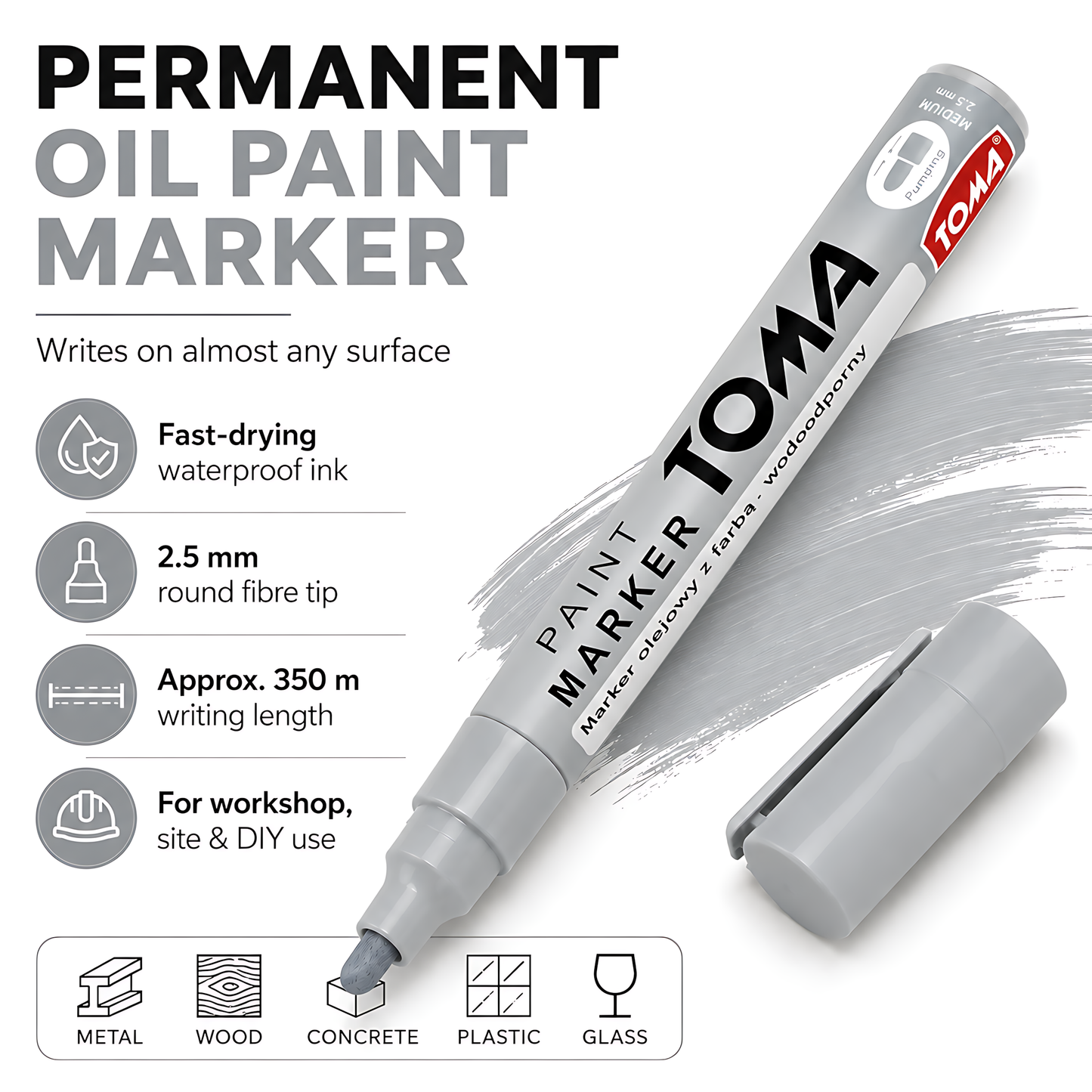 Grey Light Oil-Based Paint Marker Pen Permanent - 2.5mm Round Tip, Fast-Drying Waterproof Ink - Universal for All Surfaces
