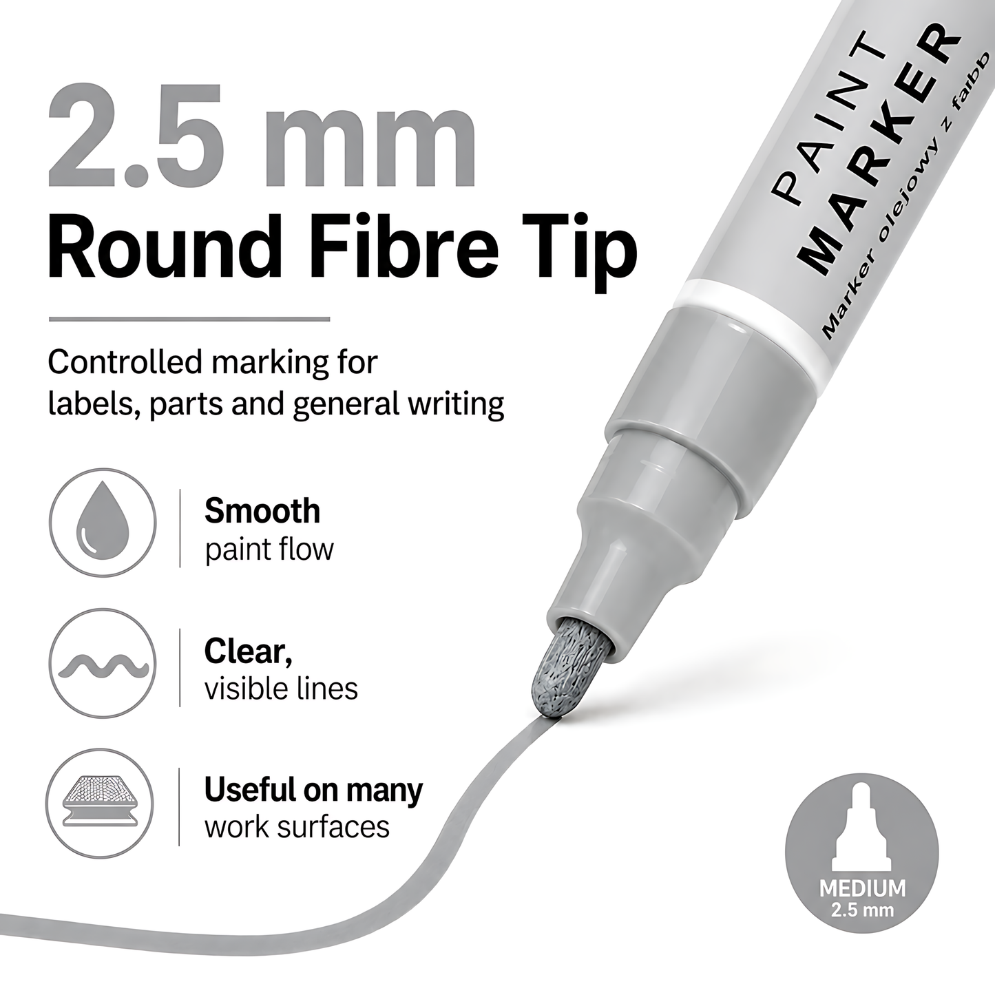 Grey Light Oil-Based Paint Marker Pen Permanent - 2.5mm Round Tip, Fast-Drying Waterproof Ink - Universal for All Surfaces