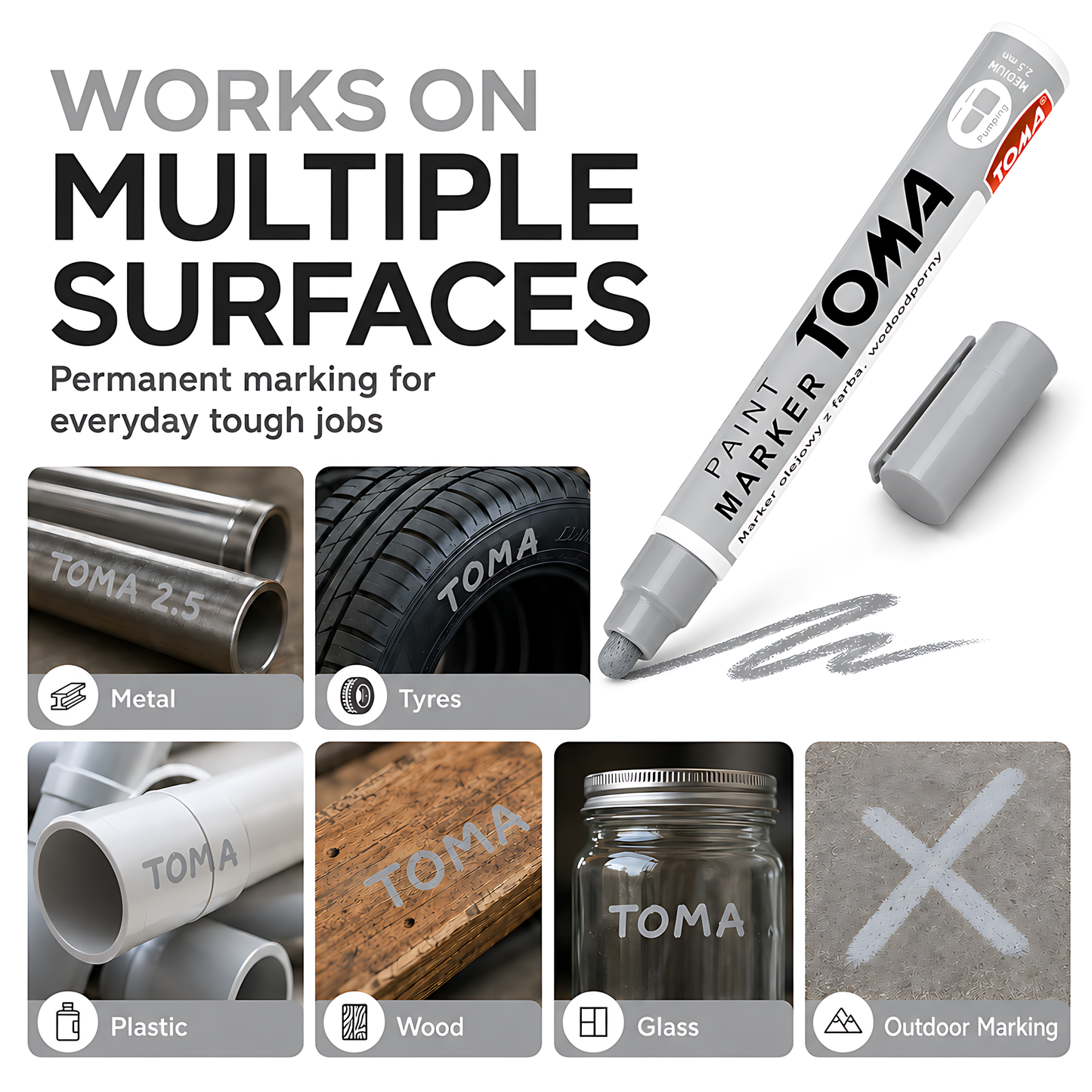 Grey Light Oil-Based Paint Marker Pen Permanent - 2.5mm Round Tip, Fast-Drying Waterproof Ink - Universal for All Surfaces