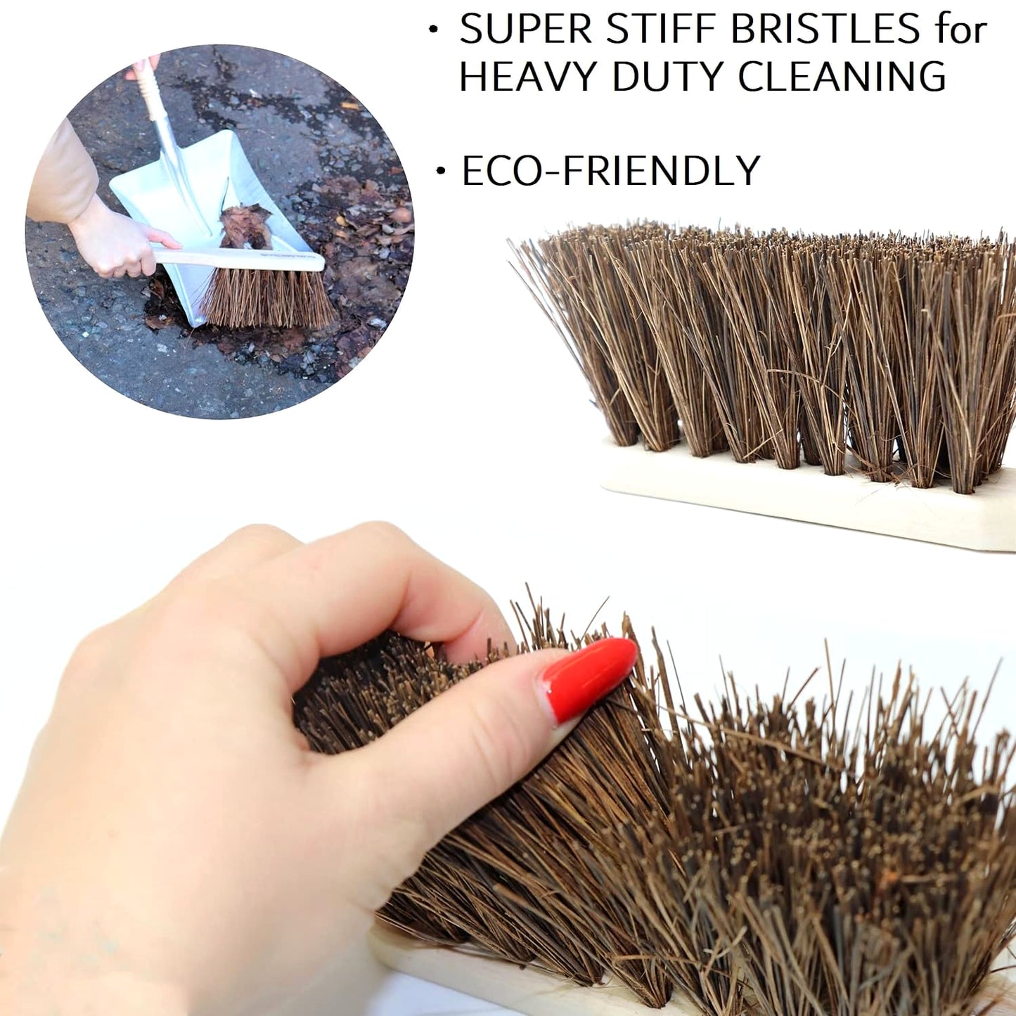 2 x Stiff Bassine Hand Brush with Wooden Handle - Heavy Duty Hard Bristle Bench Sweeper for Workshop Garage Outdoor Use - 28 cm