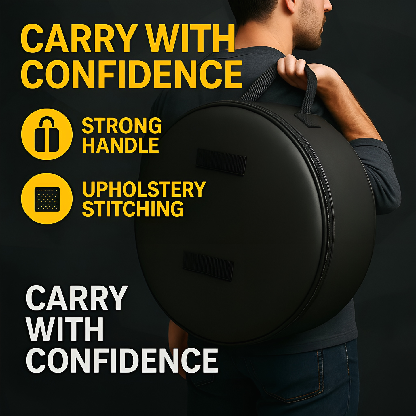 Spare Wheel Bag XXL 65 cm Diameter / 23 cm Width - Waterproof PU Leather Tyre Storage Cover with Zip and Carry Handle - Black