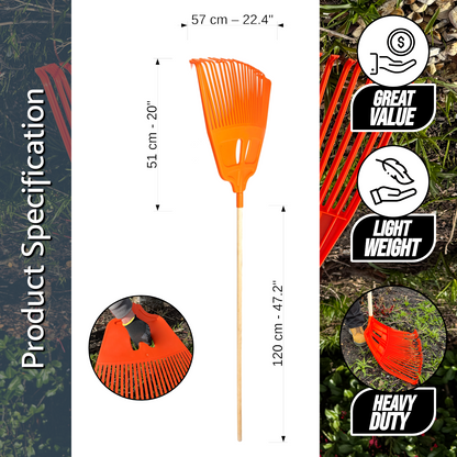 Heavy-Duty Garden Rake - 27 Tines / 57cm Wide Durable Plastic Head & Handle - Sturdy, Lightweight Tool for Lawn, Hay, Soil, Leaves