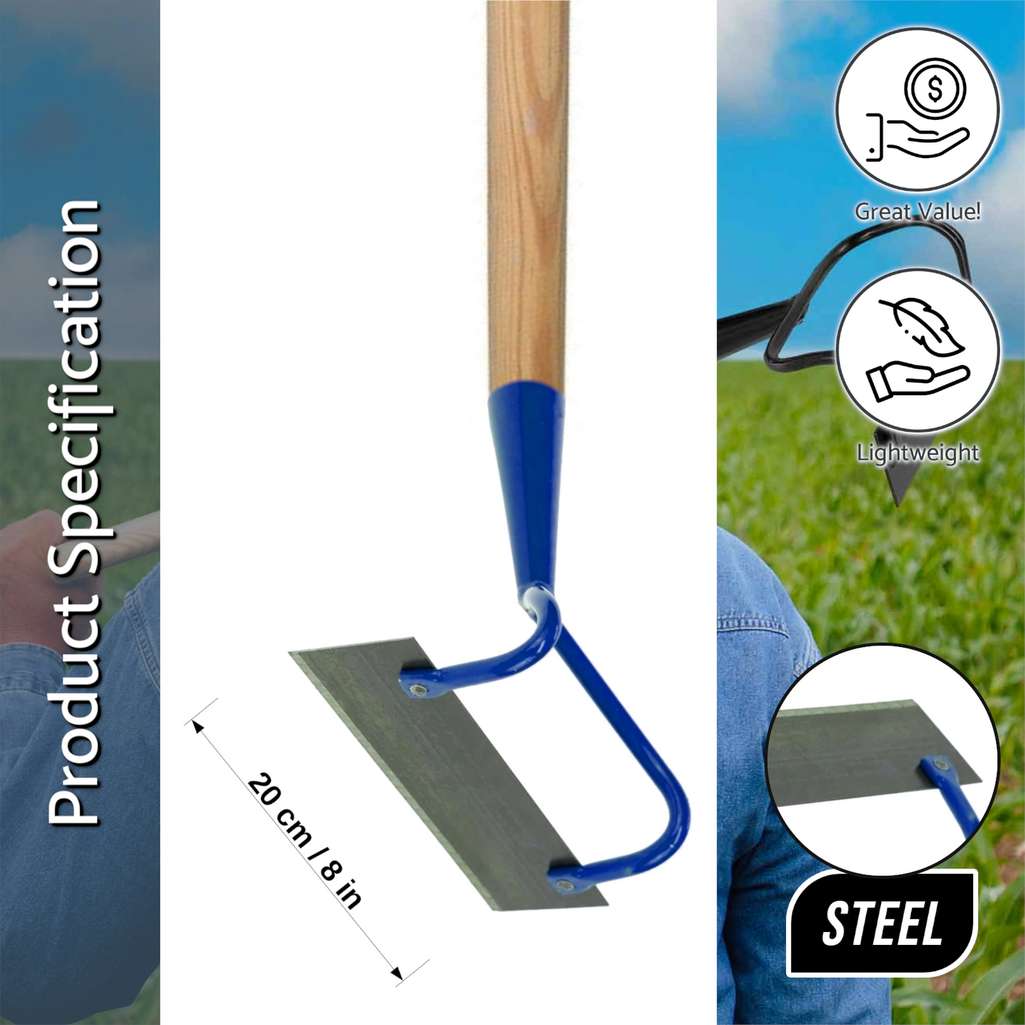 Hoe Swan Neck Cultivator Heavy-Duty Solid Steel Soil Digging Dutch Gardening and Landscaping Tool (20 cm, with 115 cm Long Handle)