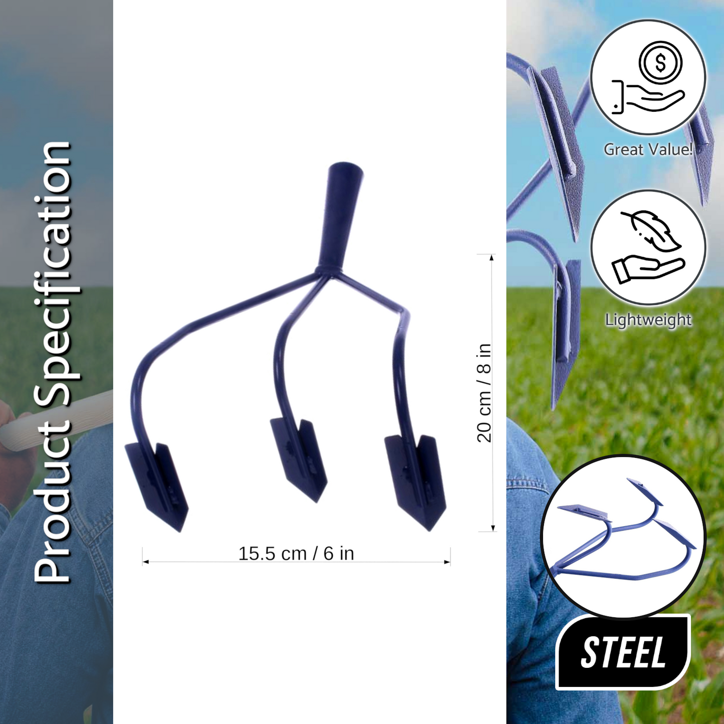 Cultivator, 3 Prong Hand Soil Scarifier Cultivator Head, Digging Hoe, Gardening and Farming Tool