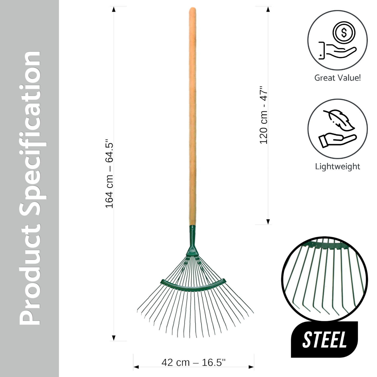Garden Rake - 42 cm / 18 Tine Wide Rake with 120cm Long Handle - Lightweight & Durable - Leaf & Grass Rake for Quick Lawn Cleaning