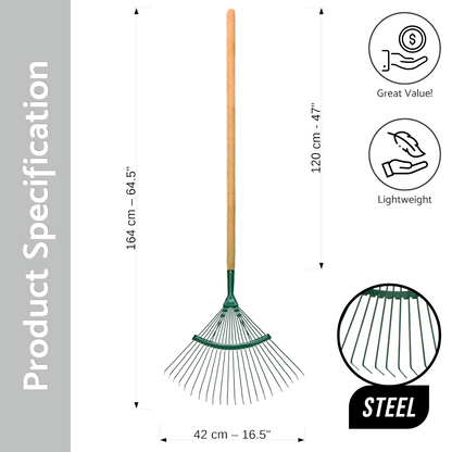 Garden Rake - 42 cm / 18 Tine Wide Rake with 120cm Long Handle - Lightweight & Durable - Leaf & Grass Rake for Quick Lawn Cleaning