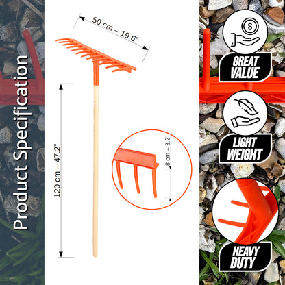 Heavy-Duty Garden Rake - 12 Tines / 50cm Wide Durable Plastic Head & Handle - Sturdy, Lightweight Tool for Lawn, Hay, Soil, Leaves