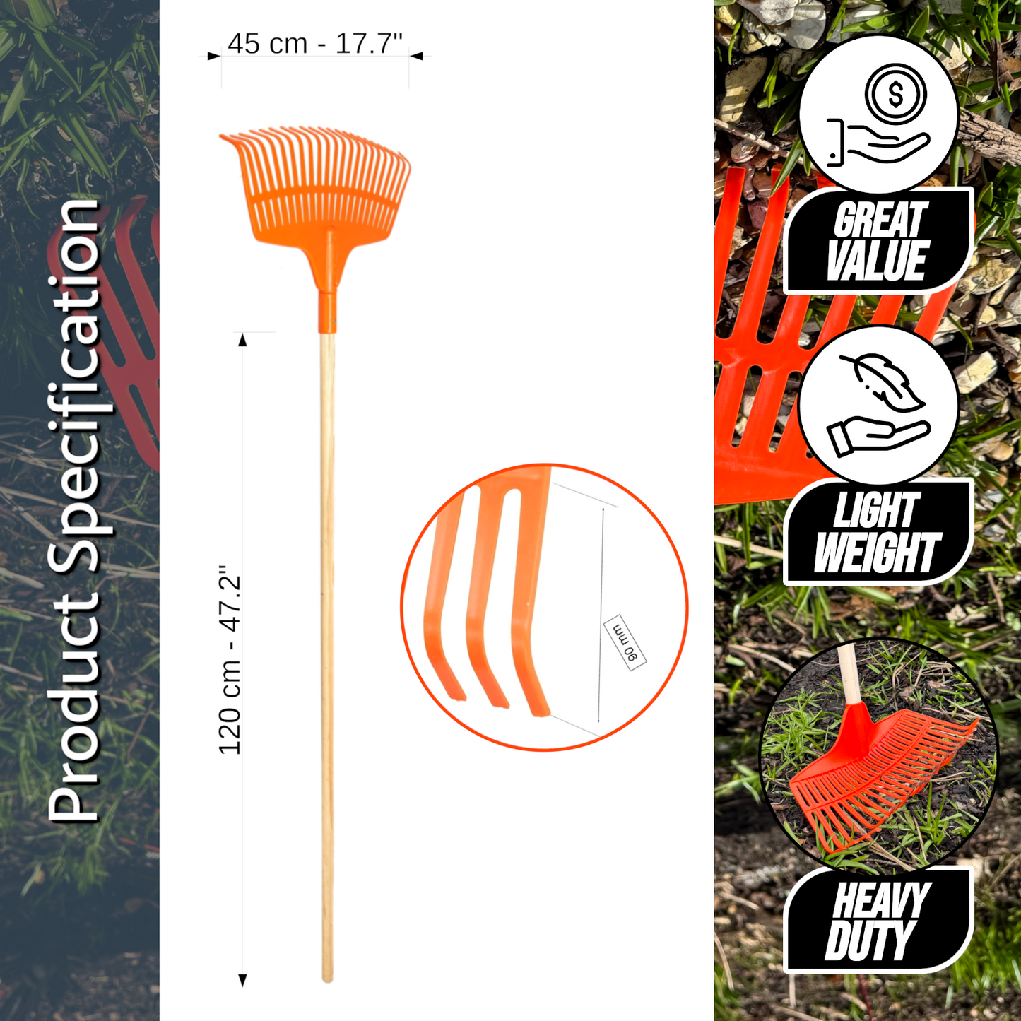 Heavy-Duty Garden Rake - 23 Tines / 45cm Wide Durable Plastic Head & Handle - Sturdy, Lightweight Tool for Lawn, Hay, Soil, Leaves