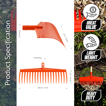 Heavy-Duty Garden Rake - 19 Tines / 44cm Wide Durable Plastic Head - Sturdy, Lightweight Tool for Lawn, Hay, Soil, Leaves