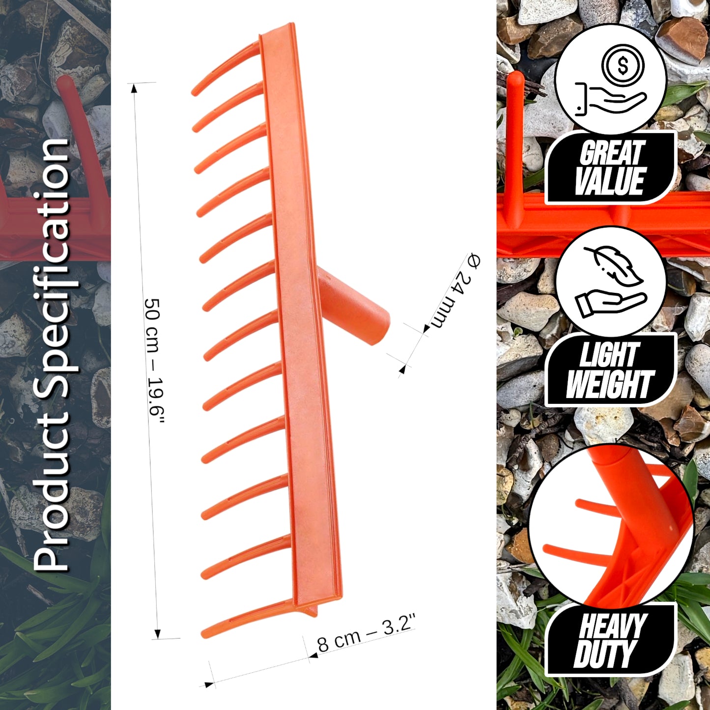 Heavy-Duty Garden Rake - 12 Tines / 50cm Wide Durable Plastic Head - Sturdy, Lightweight Tool for Lawn, Hay, Soil, Leaves