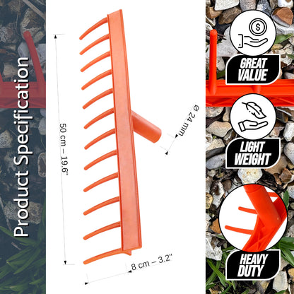 Heavy-Duty Garden Rake - 12 Tines / 50cm Wide Durable Plastic Head - Sturdy, Lightweight Tool for Lawn, Hay, Soil, Leaves