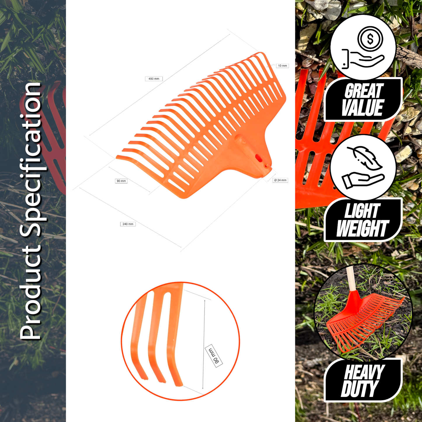Heavy-Duty Garden Rake - 23 Tines / 45cm Wide Durable Plastic Head - Sturdy, Lightweight Tool for Lawn, Hay, Soil, Leaves
