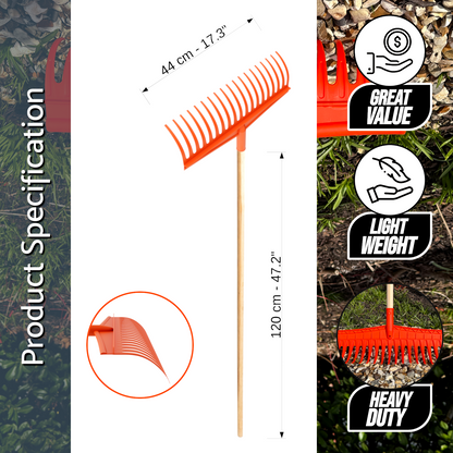 Heavy-Duty Garden Rake - 19 Tines / 44cm Wide Durable Plastic Head & Handle - Sturdy, Lightweight Tool for Lawn, Hay, Soil, Leaves