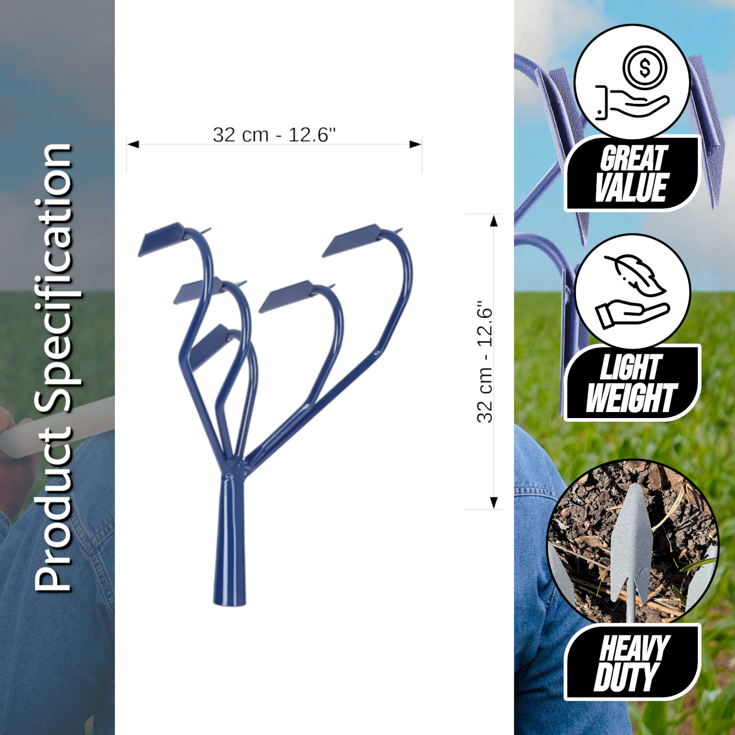 Cultivator, 5 Prong Hand Soil Scarifier Cultivator Head, Digging Hoe, Gardening and Farming Tool