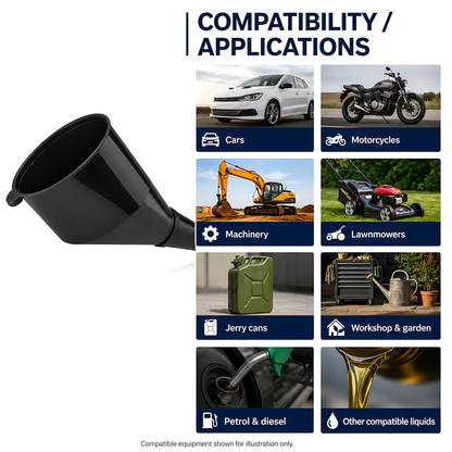Fuel Funnel Angled with Fine Mesh Filter for Easy Refilling, Lightweight Plastic Funnel, Practical, Versatile