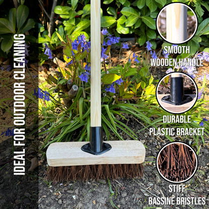 9" Deck Scrub Brush with Handle - Heavy Duty Outdoor Stiff Bassine Bristles Scrubbing Broom - Hard Brush for Decking Patio Garden