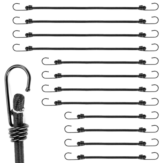 12 x Heavy Duty Bungee Cord with Hooks - Strong 8mm Elastic Luggage Straps for Roof Rack, Travel, Camping, Car Boot - 4 Lengths