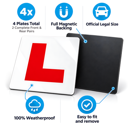 4 Magnetic L Plates for Learner Drivers - Legal Size Weatherproof Set for Driving Lessons, Practice Cars and Test Preparation