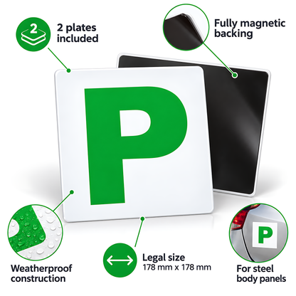 2 Magnetic Green P Plates for New Drivers - Weatherproof, Legal Size for Recently Qualified Motorists, Front and Rear Pair