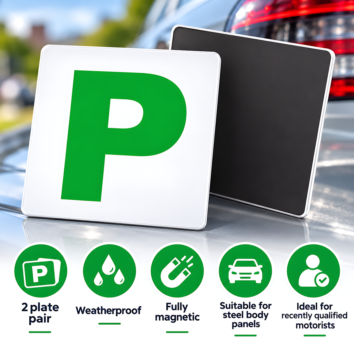 2 Magnetic Green P Plates for New Drivers - Weatherproof, Legal Size for Recently Qualified Motorists, Front and Rear Pair