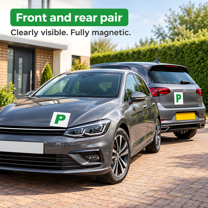 2 Magnetic Green P Plates for New Drivers - Weatherproof, Legal Size for Recently Qualified Motorists, Front and Rear Pair