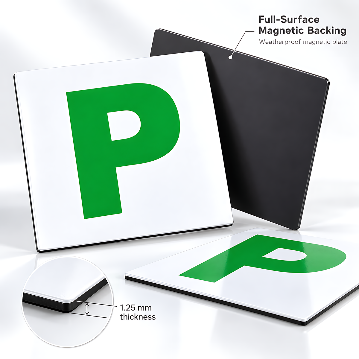 4 Magnetic Green P Plates for New Drivers, Weatherproof Official Size for Recently Qualified Motorists, 2 Front and Rear Pairs
