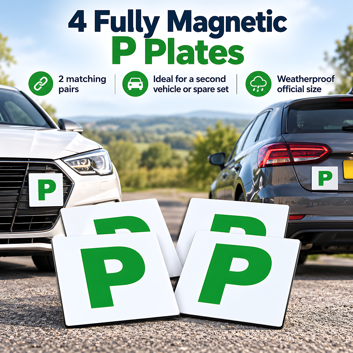 4 Magnetic Green P Plates for New Drivers, Weatherproof Official Size for Recently Qualified Motorists, 2 Front and Rear Pairs
