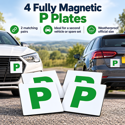 4 Magnetic Green P Plates for New Drivers, Weatherproof Official Size for Recently Qualified Motorists, 2 Front and Rear Pairs