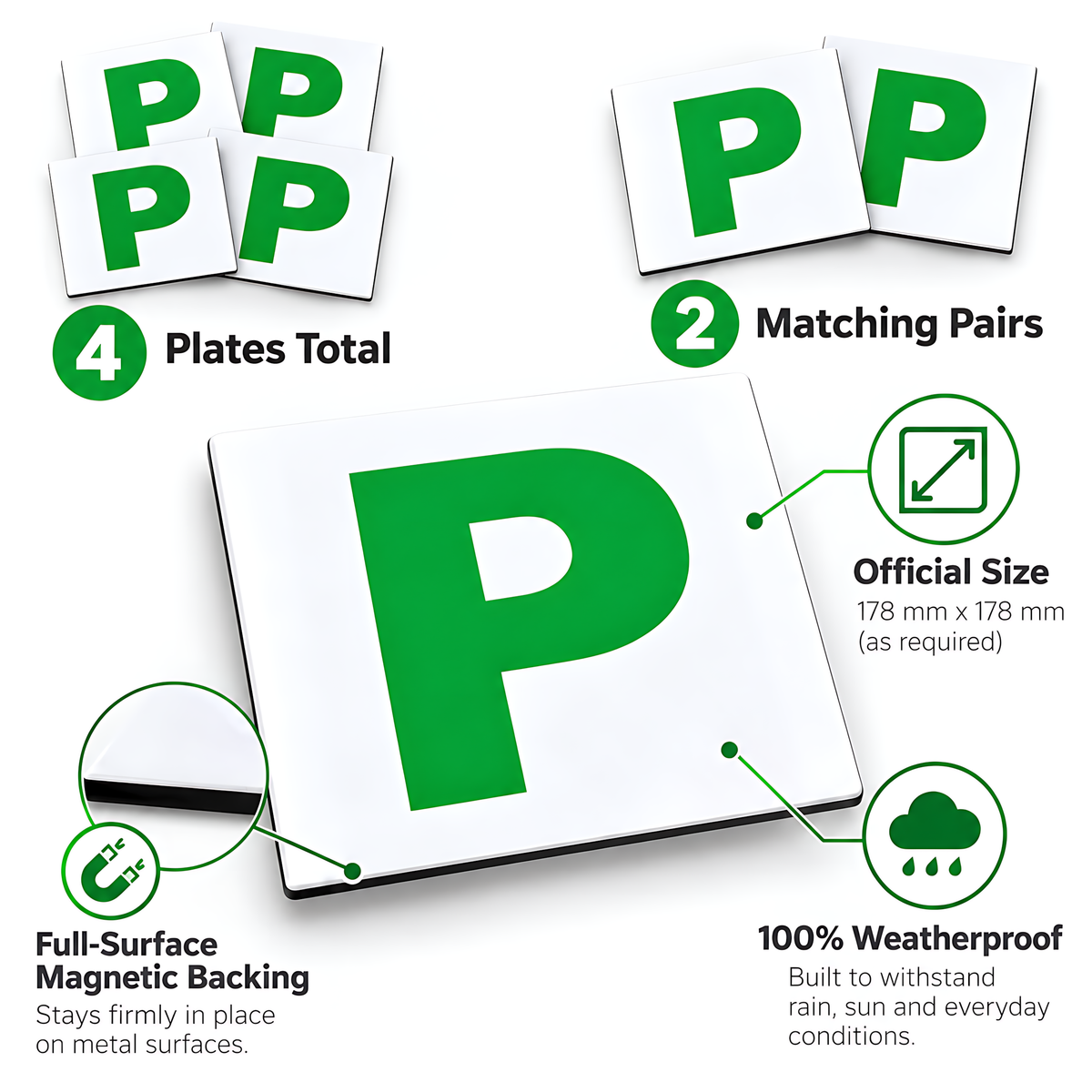 4 Magnetic Green P Plates for New Drivers, Weatherproof Official Size for Recently Qualified Motorists, 2 Front and Rear Pairs