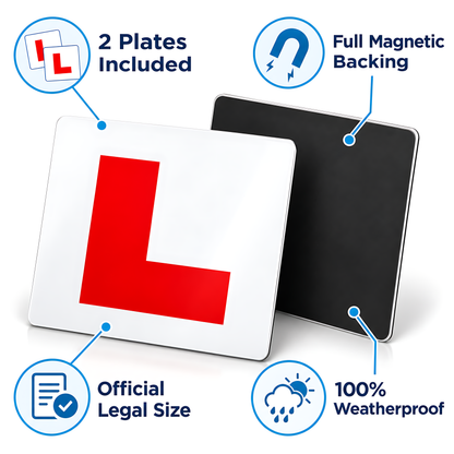 2 Magnetic L Plates for Learner Drivers - Legal Size Weatherproof Set for Driving Lessons, Practice Vehicles and Test Preparation
