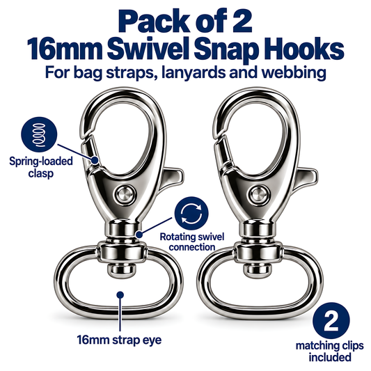 2 Pack 16mm Metal Swivel Snap Hooks for Bag Straps, Lanyards, Webbing, Handbags, Wristlets, Key Fobs, Sewing, Crafts, 5mm Metal Opening