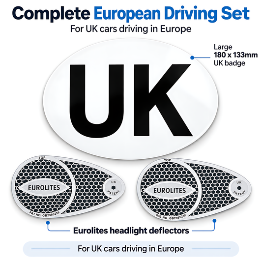 Eurolites Headlight Deflectors & UK Sticker for UK Cars Driving in France and European Travel, 180 x 133mm UK Badge, Weatherproof