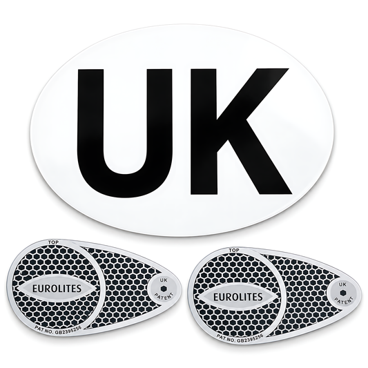 Eurolites Headlight Deflectors & UK Sticker for UK Cars Driving in France and European Travel, 180 x 133mm UK Badge, Weatherproof
