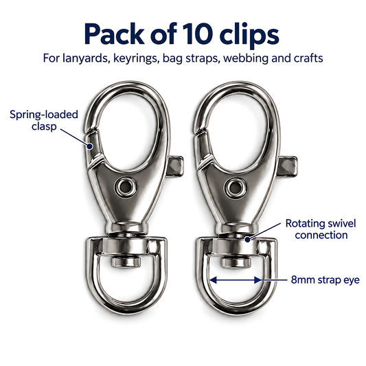 10 Pack 8mm Metal Swivel Snap Hooks for Bag Straps, Lanyards, Webbing, Handbags, Wristlets, Key Fobs, Sewing, Crafts, 5mm Metal Opening