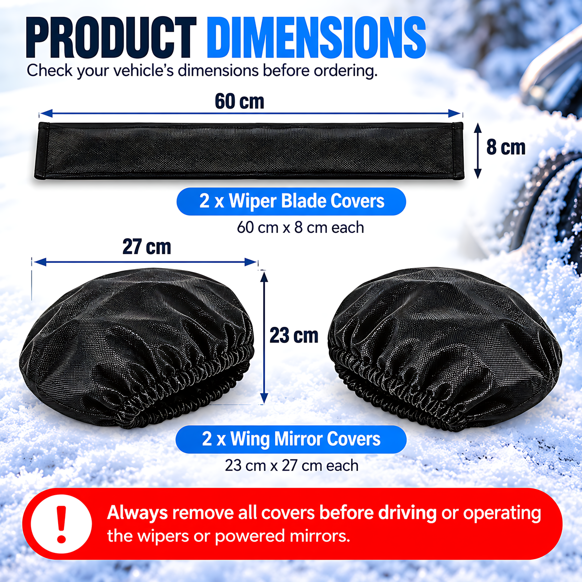 Car Wing Mirror and Wiper Blade Covers, 2 Each - Snow, Frost, Ice - Black for Rain, Cold Weather, Easy Fitting and Removal