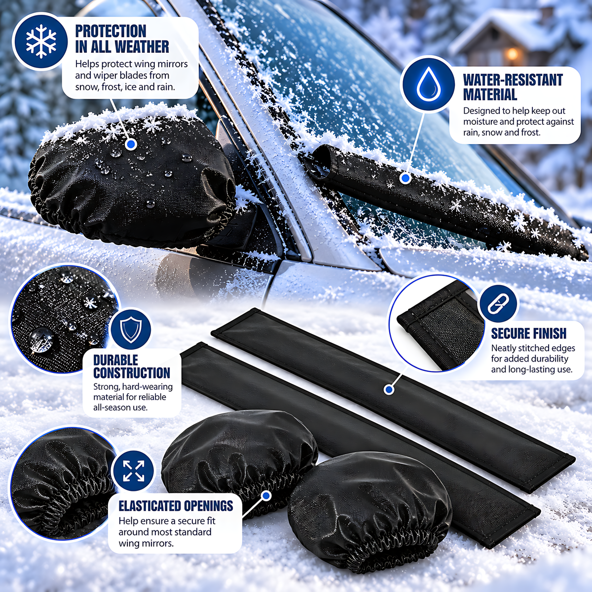 Car Wing Mirror and Wiper Blade Covers, 2 Each - Snow, Frost, Ice - Black for Rain, Cold Weather, Easy Fitting and Removal