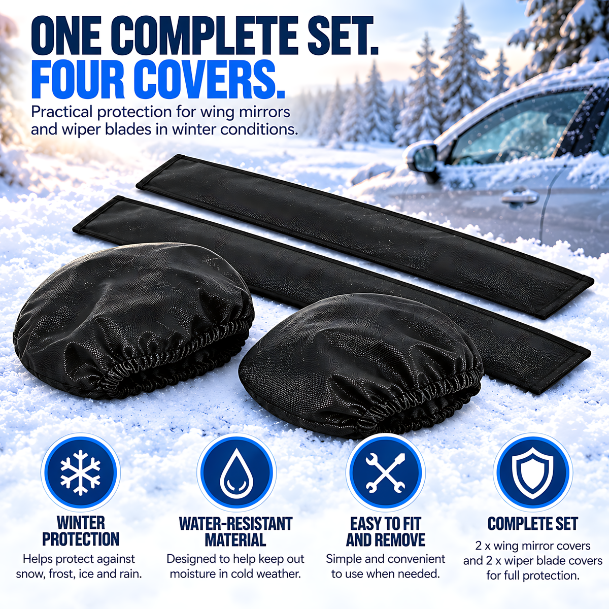 Car Wing Mirror and Wiper Blade Covers, 2 Each - Snow, Frost, Ice - Black for Rain, Cold Weather, Easy Fitting and Removal