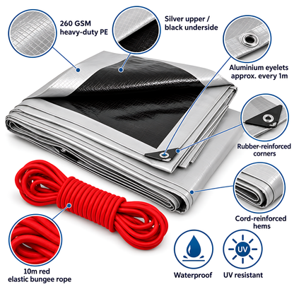 Silver/Black Heavy Duty Tarpaulin 5m x 8m 260 GSM Waterproof with 10m Red Bungee Rope, UV Resistant, Eyelets, Rubber Corners