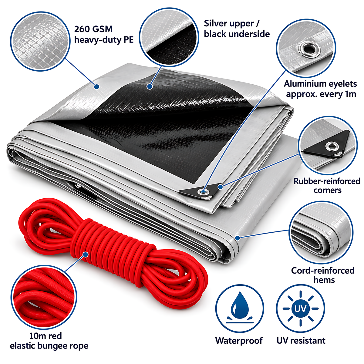Silver/Black Heavy Duty Tarpaulin 4m x 5m 260 GSM Waterproof with 10m Red Bungee Rope, UV Resistant, Eyelets, Rubber Corners