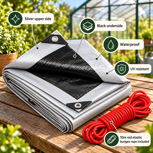 Silver/Black Heavy Duty Tarpaulin 10m x 10m 260 GSM Waterproof with 10m Red Bungee Rope, UV Resistant, Eyelets, Rubber Corners