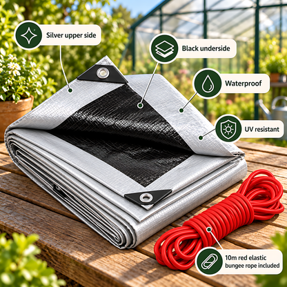 Silver/Black Heavy Duty Tarpaulin 4m x 5m 260 GSM Waterproof with 10m Red Bungee Rope, UV Resistant, Eyelets, Rubber Corners