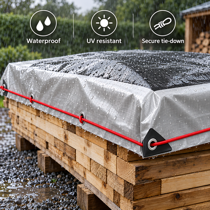 Silver/Black Heavy Duty Tarpaulin 5m x 8m 260 GSM Waterproof with 10m Red Bungee Rope, UV Resistant, Eyelets, Rubber Corners
