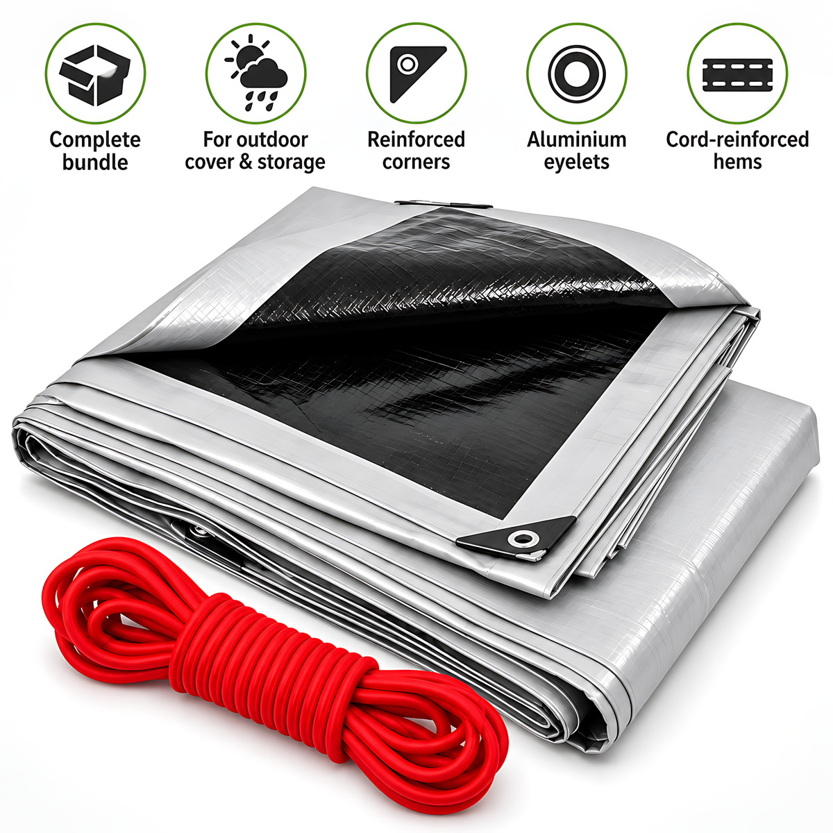 Silver/Black Heavy Duty Tarpaulin 2m x 2m 260 GSM Waterproof with 10m Red Bungee Rope, UV Resistant, Eyelets, Rubber Corners