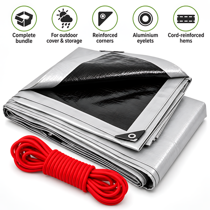 Silver/Black Heavy Duty Tarpaulin 2m x 3m 260 GSM Waterproof with 10m Red Bungee Rope, UV Resistant, Eyelets, Rubber Corners