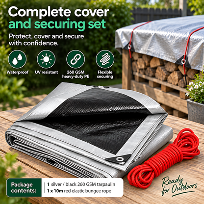 Silver/Black Heavy Duty Tarpaulin 4m x 4m 260 GSM Waterproof with 10m Red Bungee Rope, UV Resistant, Eyelets, Rubber Corners