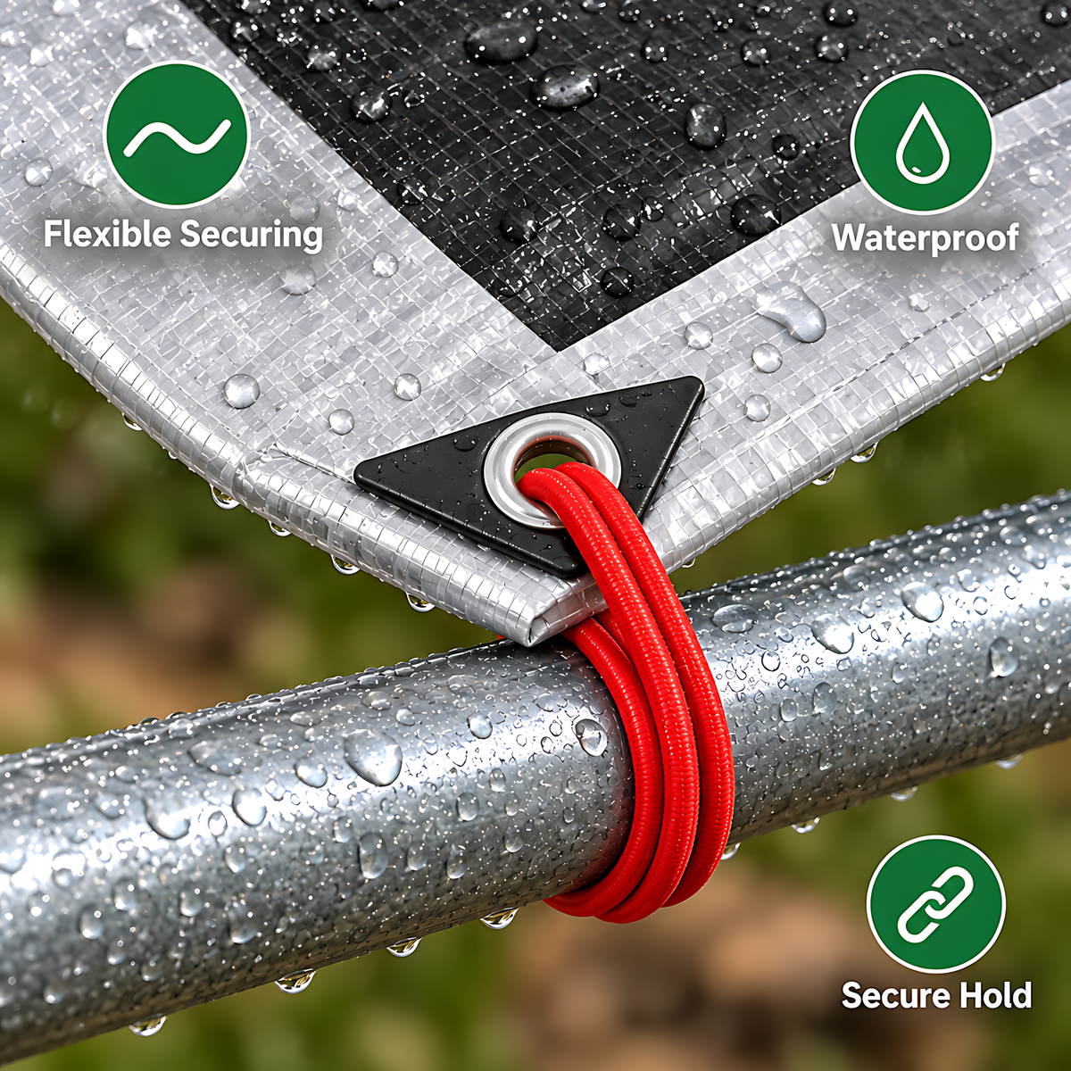 Silver/Black Heavy Duty Tarpaulin 10m x 10m 260 GSM Waterproof with 10m Red Bungee Rope, UV Resistant, Eyelets, Rubber Corners