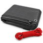 Graphite Grey Tarpaulin 3m x 3m 200 GSM Waterproof PE with 10m Red Elastic Bungee Rope, UV Resistant, Aluminium Eyelets Every 1m